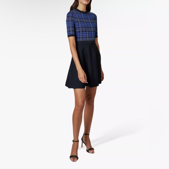 Ted Baker Nilar Knitted Check Pleated Mini Skater Dress Blue Women's 4 / US 10 - Picture 3 of 12
